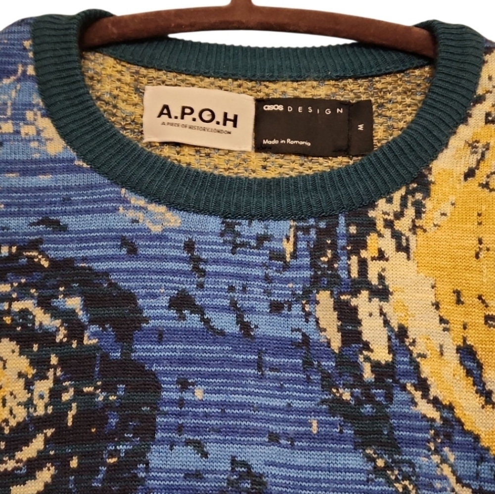 ASOS DESIGN Van Gogh Jacquard Knit Sweater A.P.O.H. Blue Yellow Size Medium - Picture 4 of 7